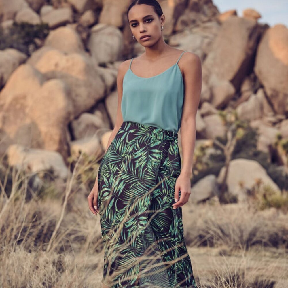 Apricot Green Palm Leaf Midi Skirt Tropical Wrap Style Resortwear Summer Travel